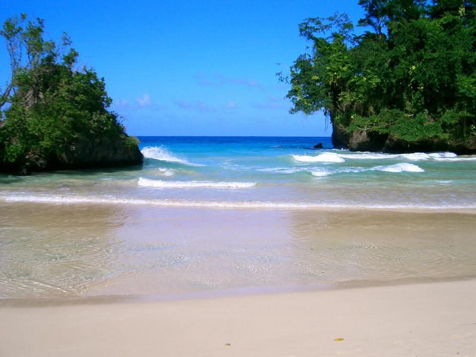 The empty white-sand crescent of Frenchman's Cove between two leafy headlands
